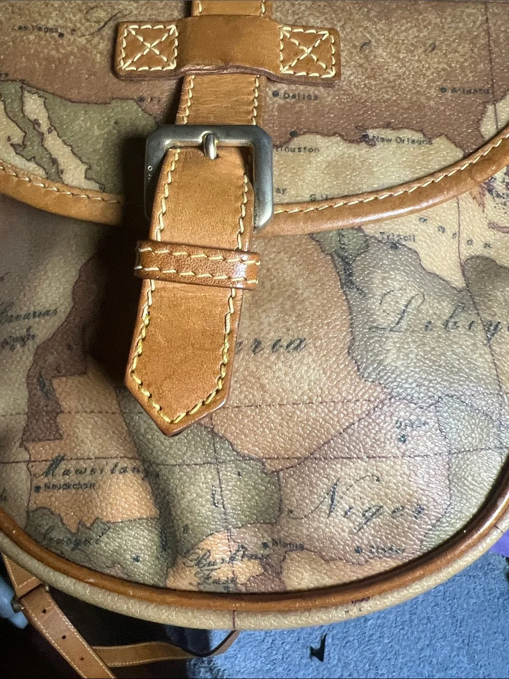 Alviero Martini Tan Map-Print Leather Messenger Crossbody